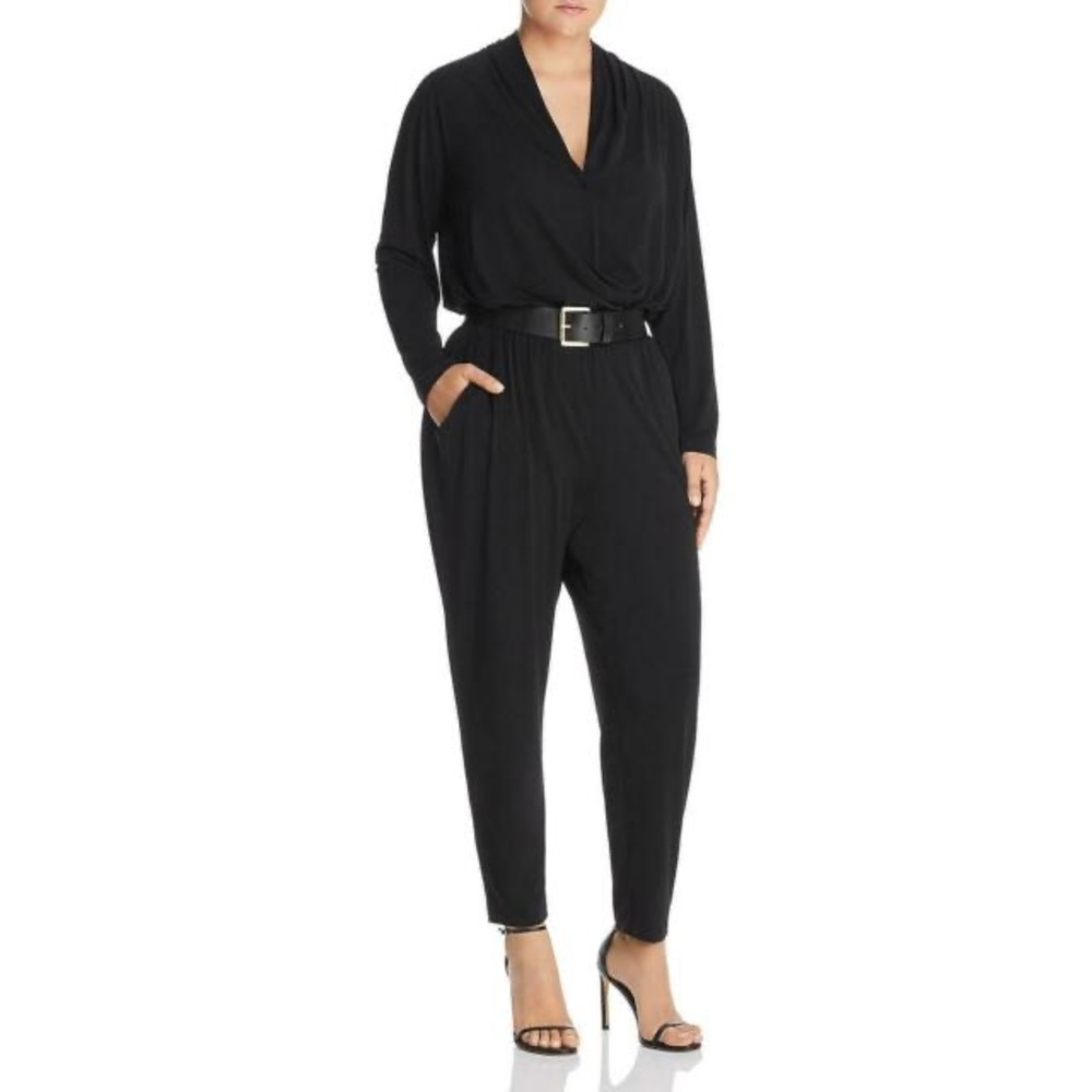 Michael Kors Black V-Neck Long Sleeved Jumpsuit w/ Belt + Pockets Size 2X